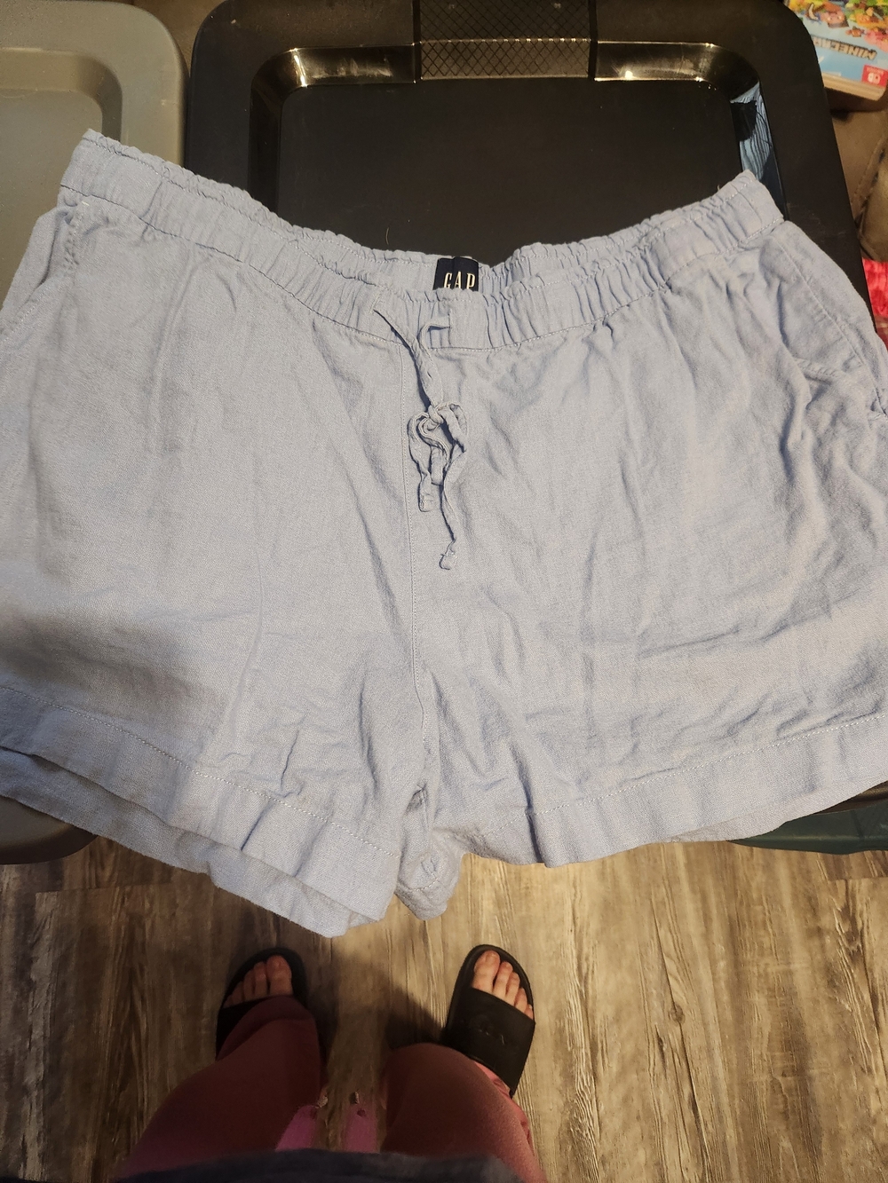 GAP Light Blue High-Waist Drawstring Linen-Blend Shorts